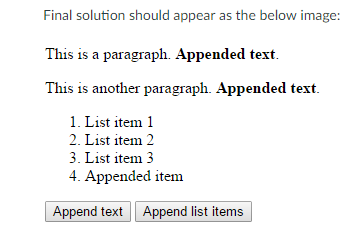 //Use jQuery click() and append() methods to inserts HTML content at the