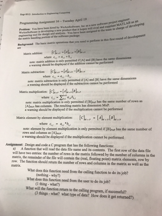  Engr 0012: Introduction Engineering Computing Programming Assignment 16 Tuesday April 19