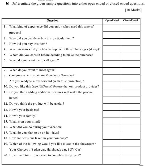  b) Differentiate the given sample questions into either open ended or