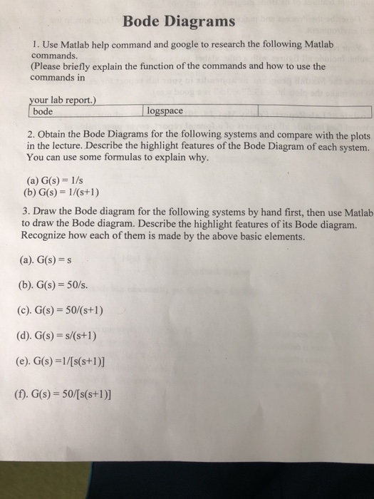  Bode Diagrams 1. Use Matlab help command and google to research