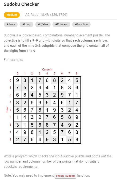  help me to write c code Sudoku Checker Medium AC Ratio: