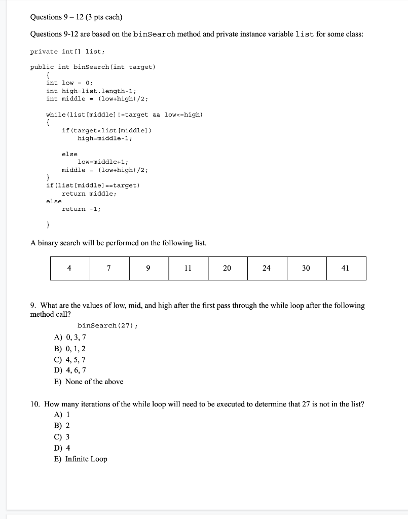 This was related to java language. Questions 9-12 (3 pts each) Questions