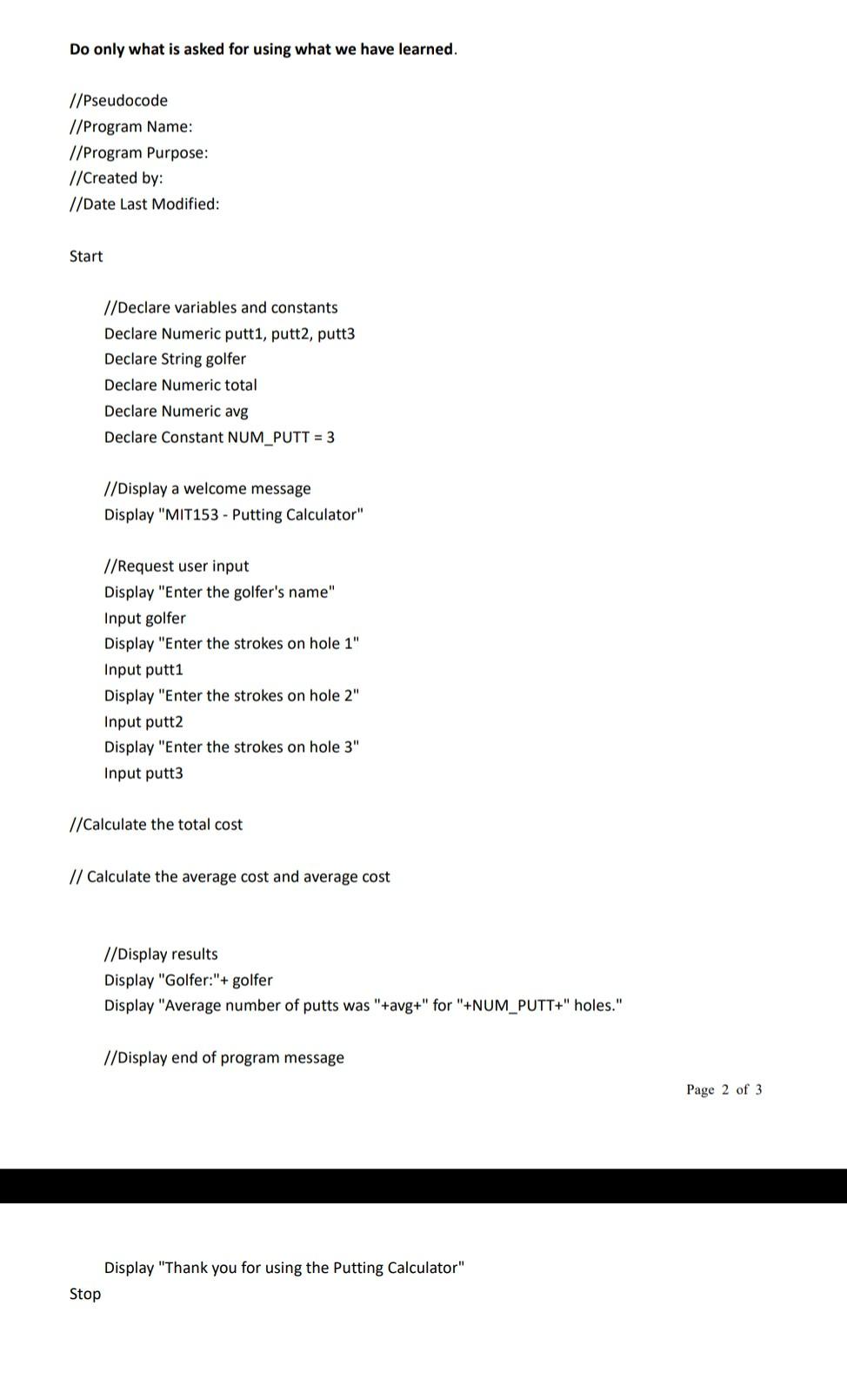average number of putts at a 3 hole putting green competition. Your