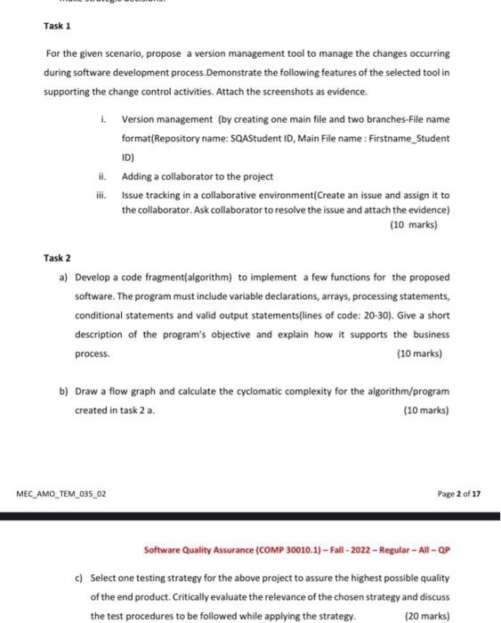  Task 1 For the given scenario, propose a version management tool