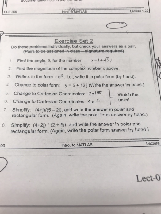  Intro AAB ECE 30 Lecture 1.22 Exercise Set Do these problems