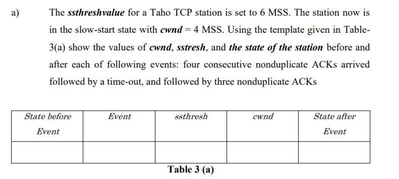 COMPUTER COMMUNICATIONS AND NETWORKS QUESTION ) a) The ssthreshvalue for a Taho