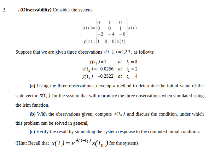 use matlab 2 . (Observability) Consider the system 1 Ja lo 1
