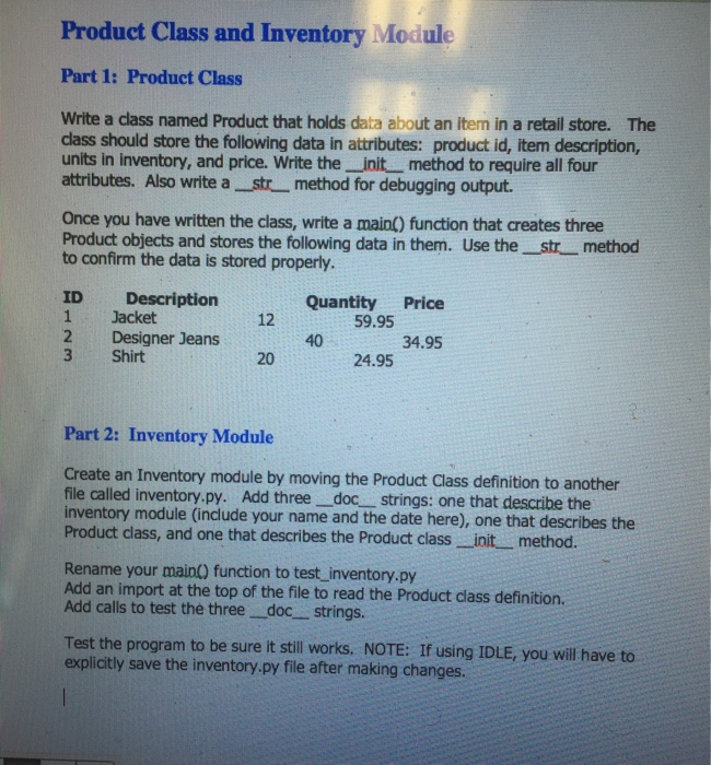  Product Class and Inventory Module Part 1: Product Class Write a