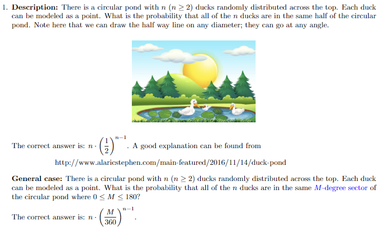Java Description: There is a circular pond with n(n2) ducks randomly distributed