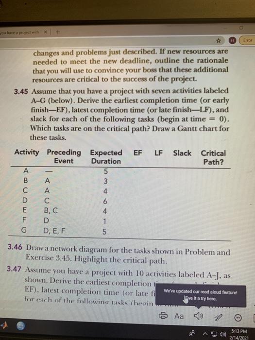  question 3.46 Error changes and problems just described. If new resources