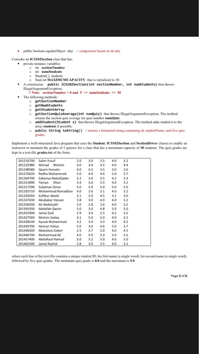 int id o final String studentName o double quizGrades Appropriate one argument