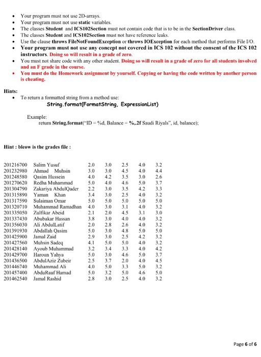 a formatted string containing id, studentName, and five quiz grades. Page 1
