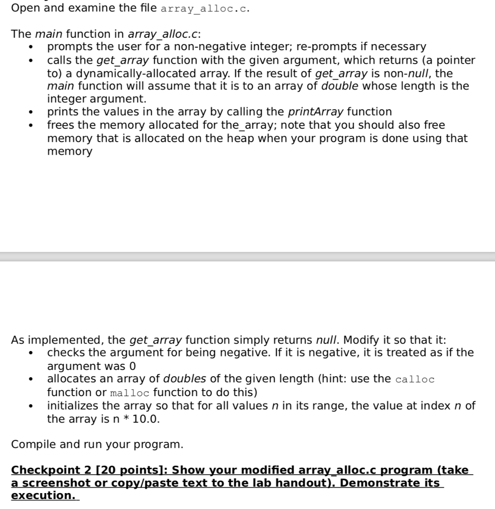  array_alloc.c code : #include #include /* get_array -- allocates and initializes