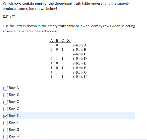 Which rows contain ones for the three-input truth table representing the