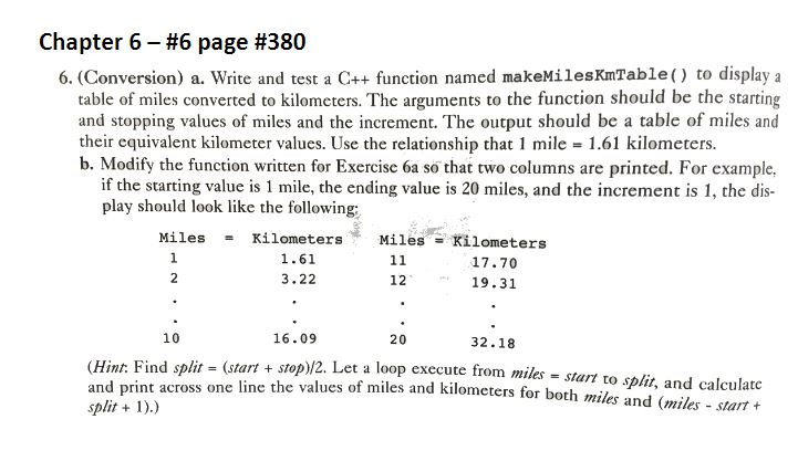  Write and test a C++ function named makeMilesKmTable() to display a
