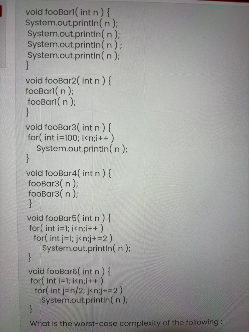  void fooBarl( int n){ System.out.print n(n); System.out.println(n); System.out.print ln(n); System.out.print ln(n);