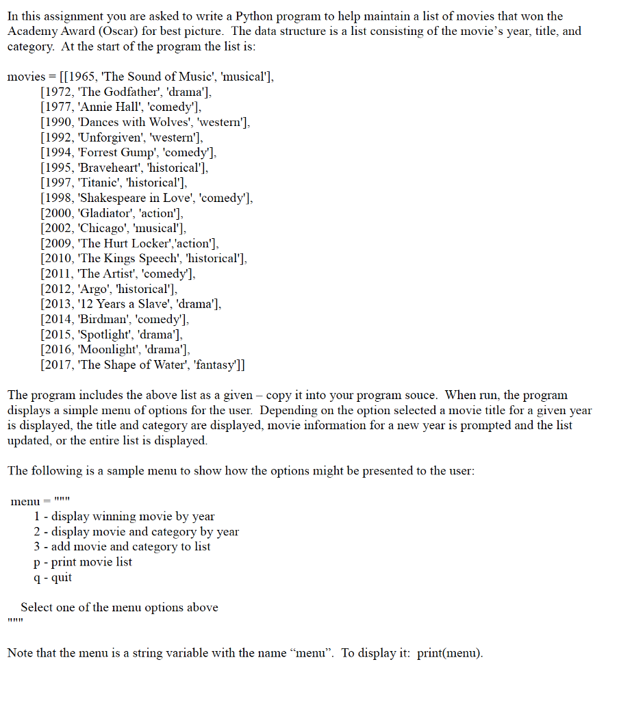  In this assignment you are asked to write a Python program