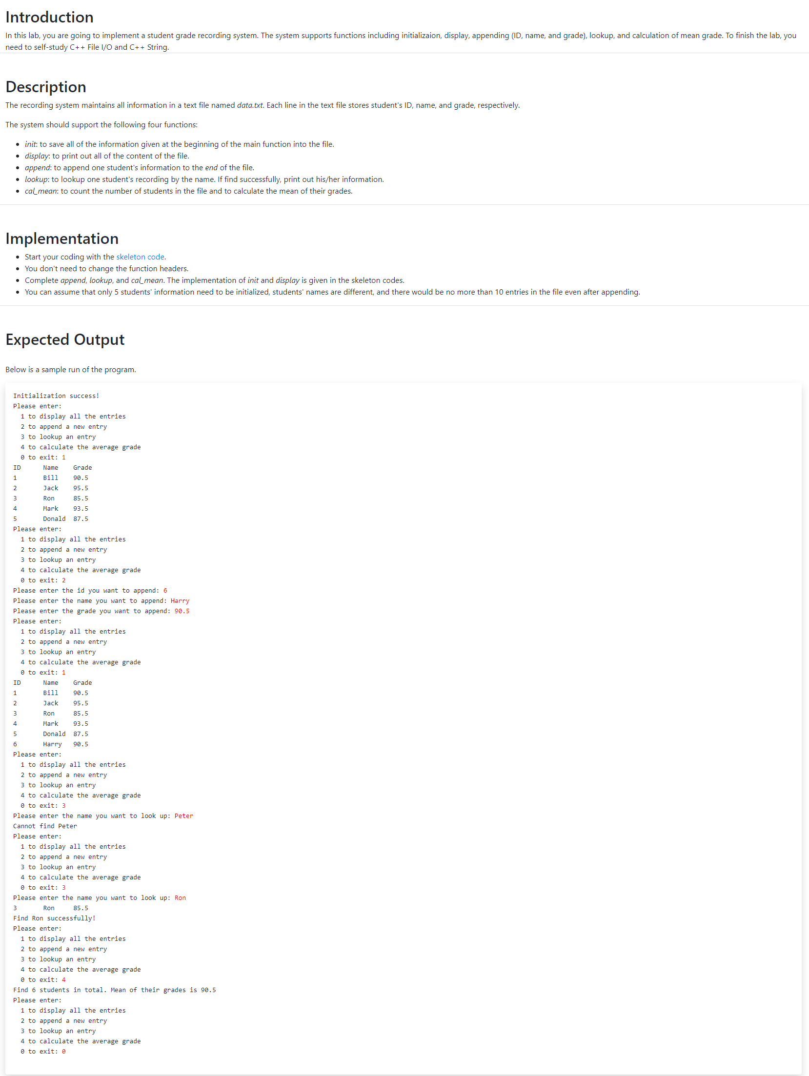 Student grade recording system (File I/O and C++ String) Skeleton code