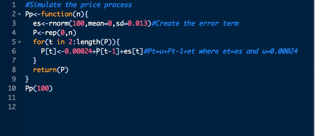 Using R, simulate a price process: Pt=u+Pt-1+et, for t = 1,2,...,T