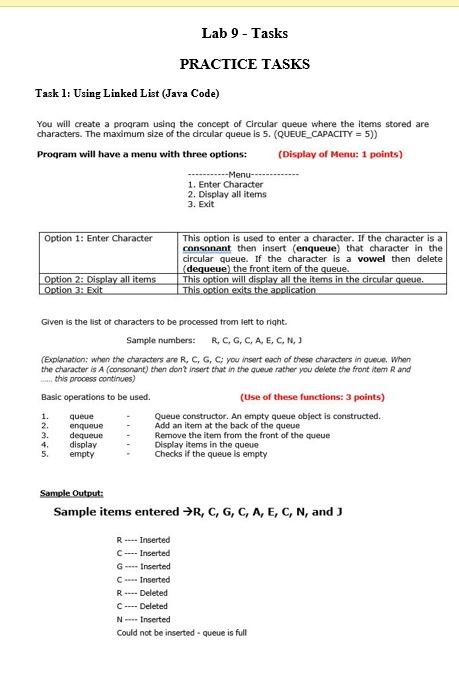  PRACTICE TASKS Task 1: Using Linked List (Java Code) You will