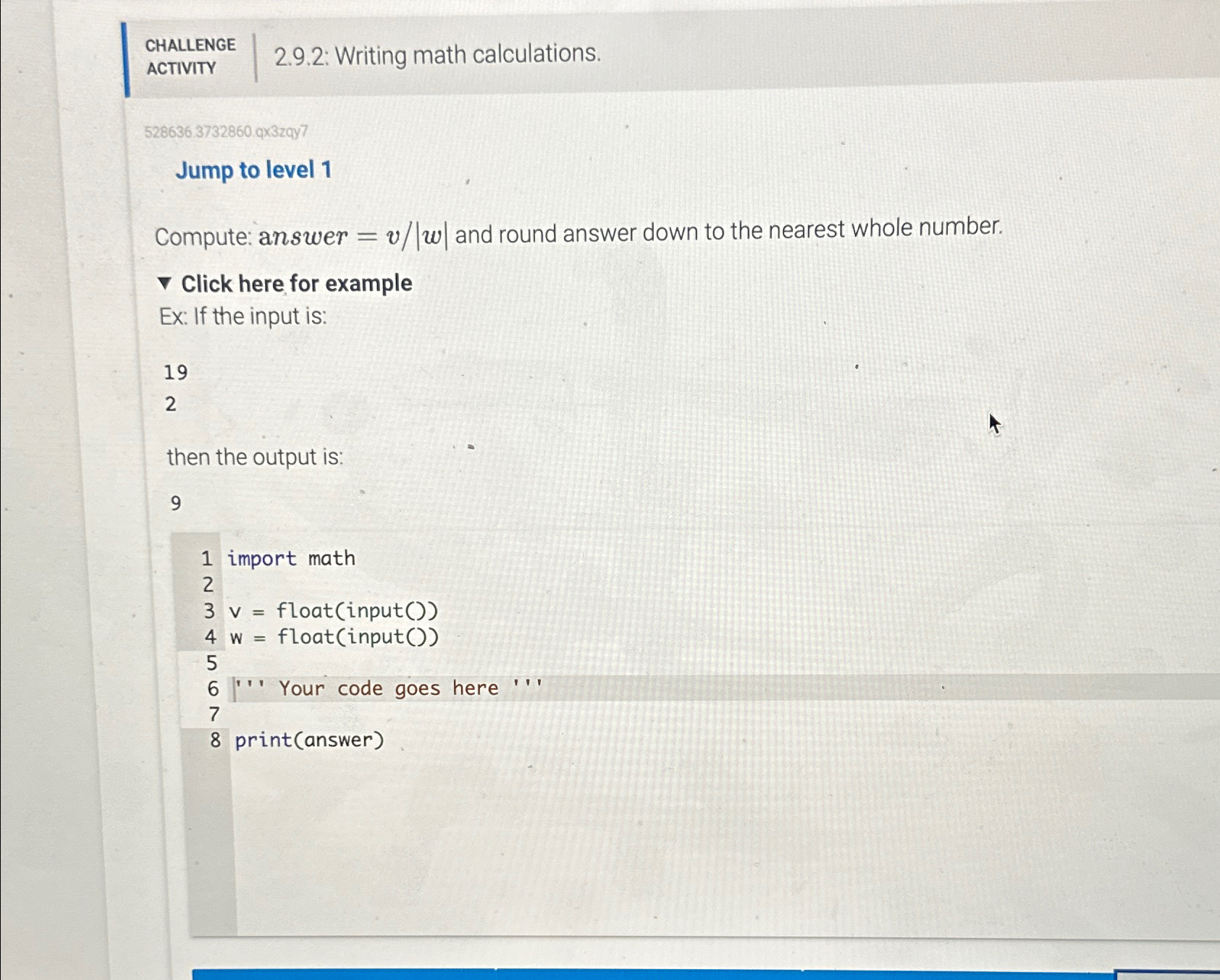  CHALLENGE 2.9.2: Writing math calculations. ACTIVITY Compute: answer |)w|| and round