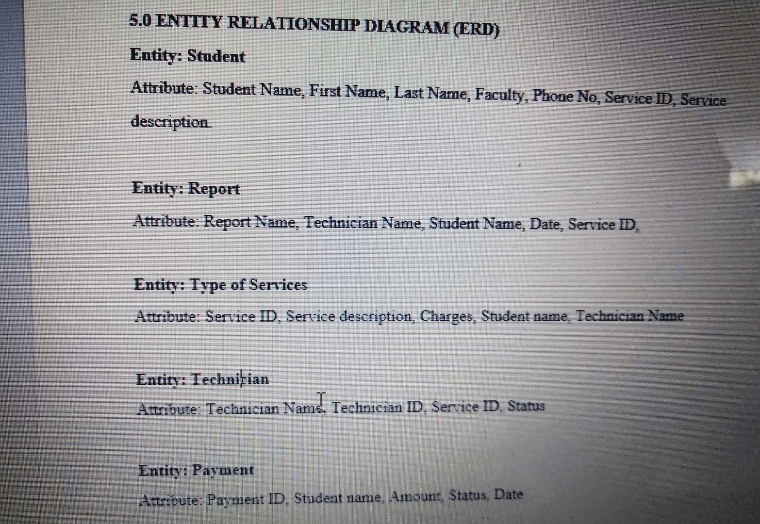  create a ERD . 5.0 ENTITY RELATIONSHIP DIAGRAM(ERD) Entity: Student Attribute: