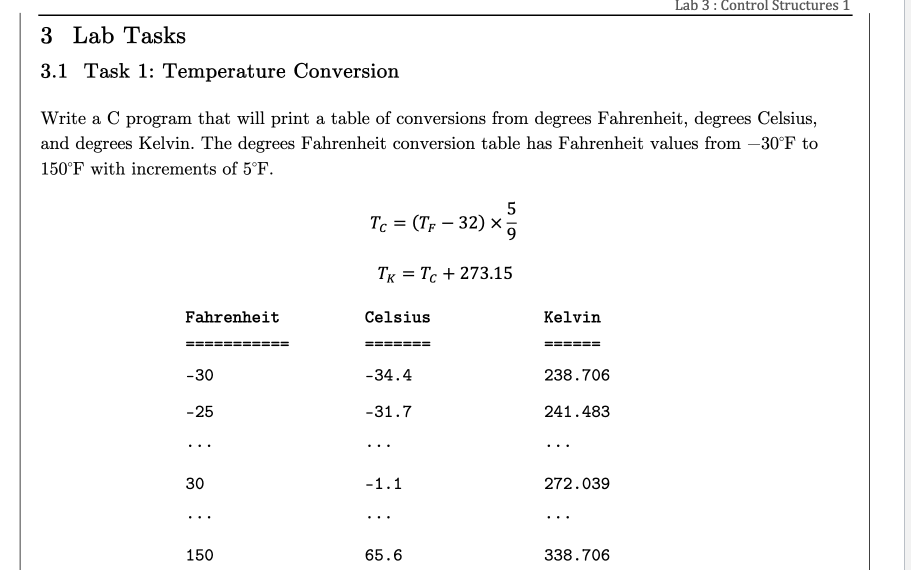  Lab 3: Control Structures 3 Lab Tasks 3.1 Task 1: Temperature