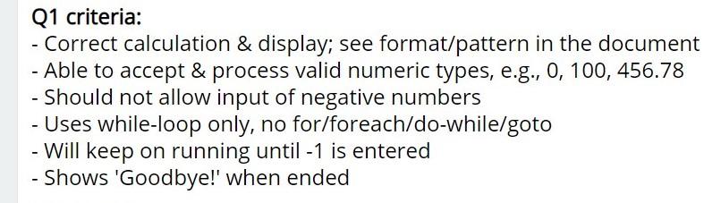  Q1 criteria: - Correct calculation & display; see format/pattern in the