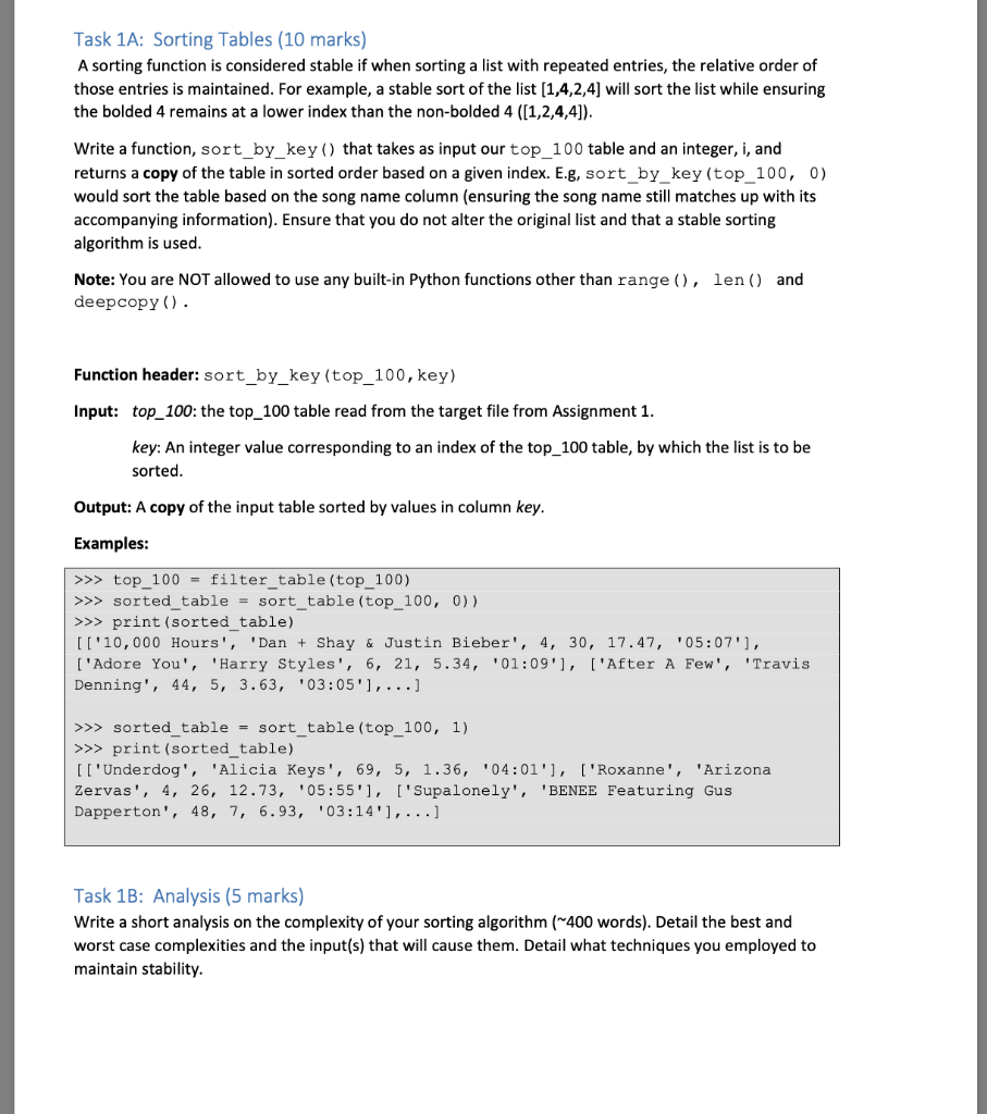 Answer using python language thanks Task 1A: Sorting Tables (10 marks) A