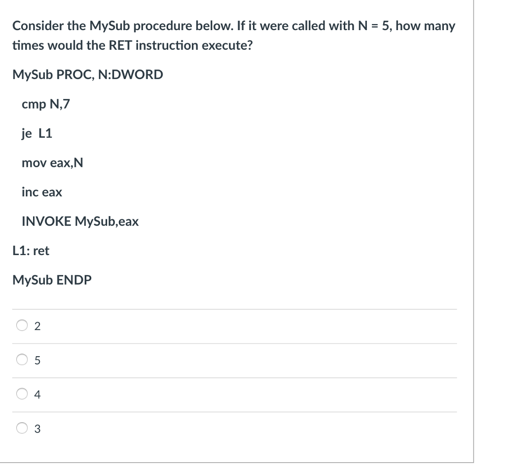 assembly language question, which one is the correction answer? Consider the MySub