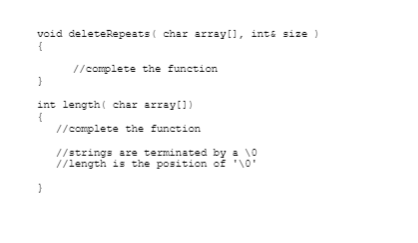 characters as a formal parameter and that deletes all repeated letters from