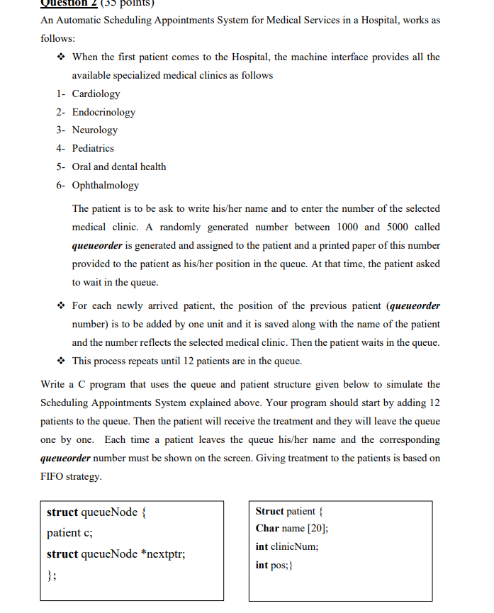 ON C PROGRAM 5 points) An Automatic Scheduling Appointments System for Medical