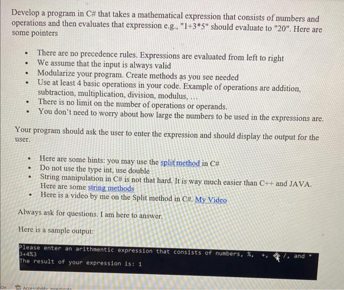  Using C# Sharp Develop a program in C\# that takes a