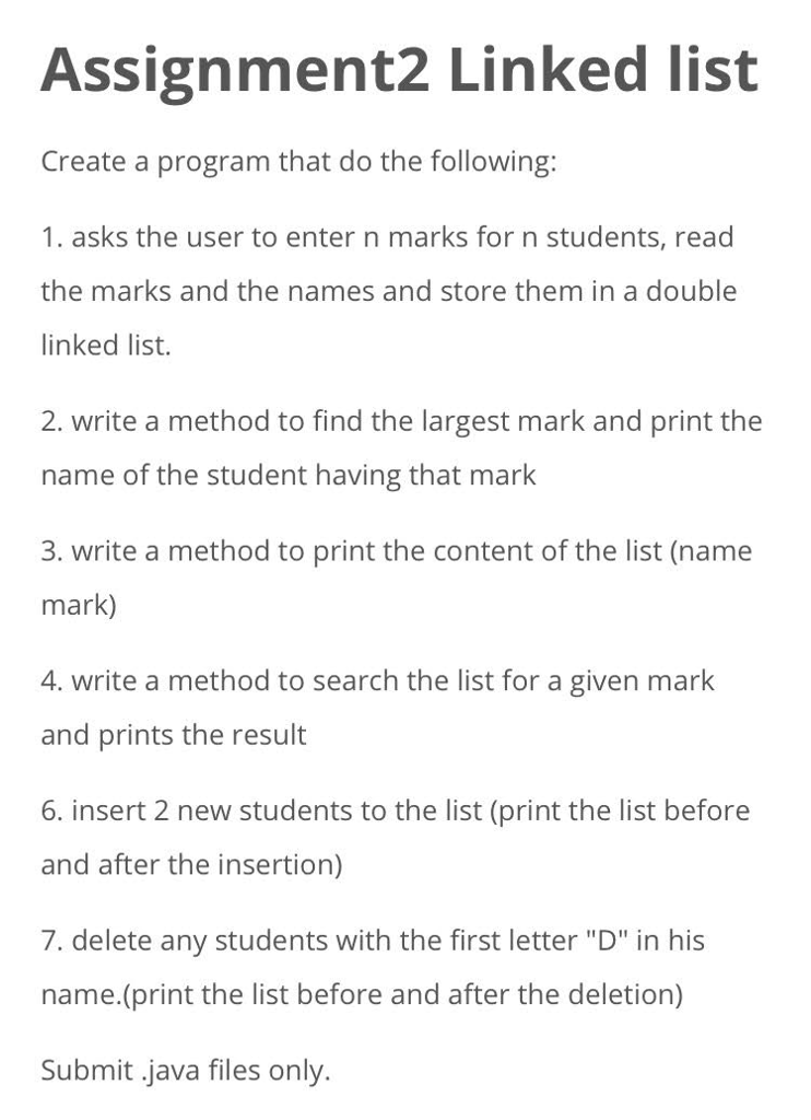  Assignment2 Linked list Create a program that do the following: 1.