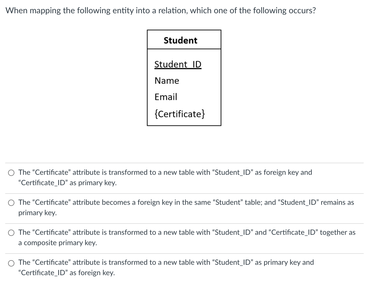  When mapping the following entity into a relation, which one of