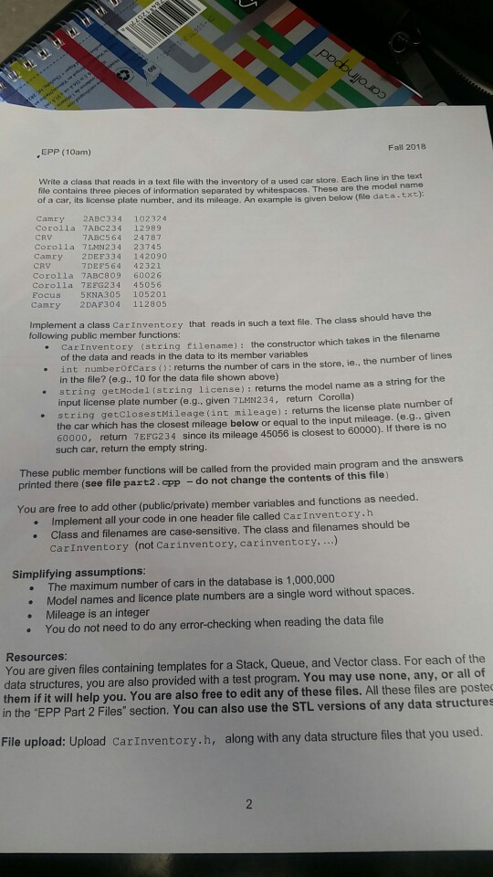 Fall 2018 Write a class that reads in a text file with