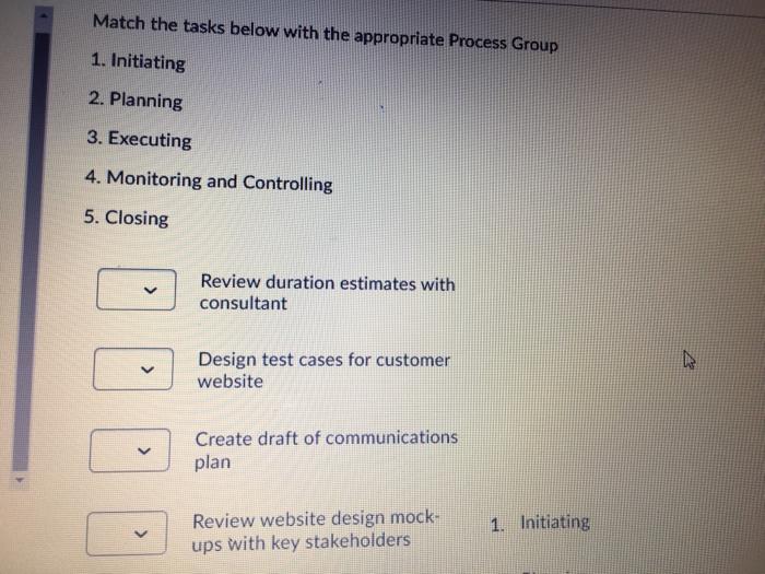  Match the tasks below with the appropriate Process Group 1. Initiating
