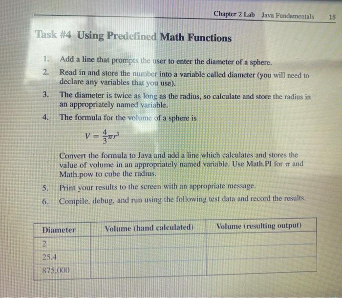 JAVA Chapter 2 Lab Java Fundamentals 15 Task #4 Using Predefined Math