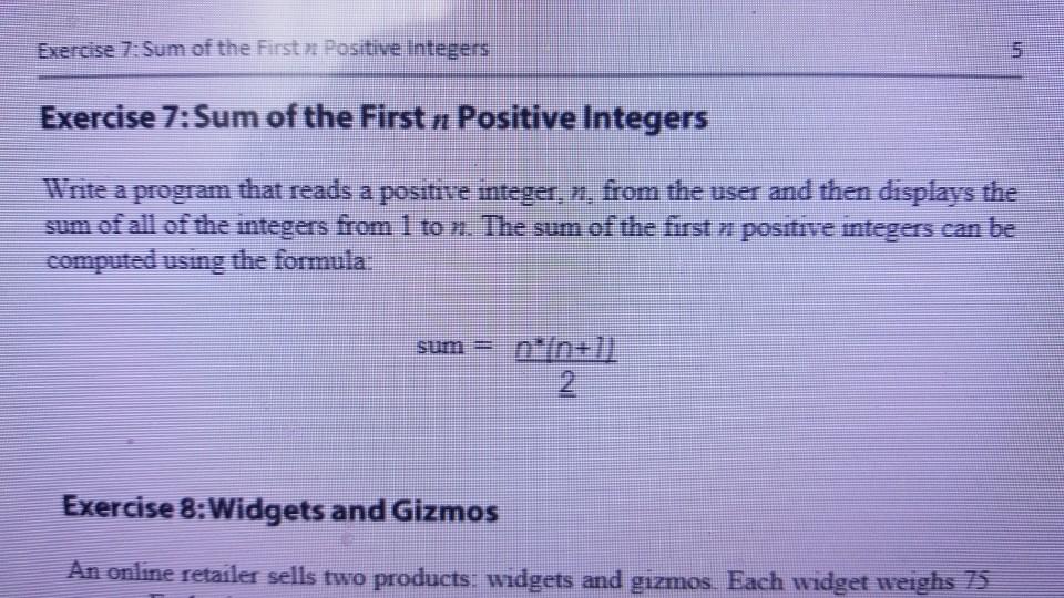 using python Exercise 7: Sum of the First Positive Integers in Exercise