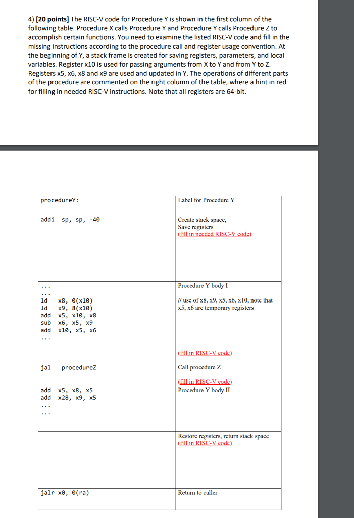  4) [20 points) The RISC-V code for Procedure Y is shown