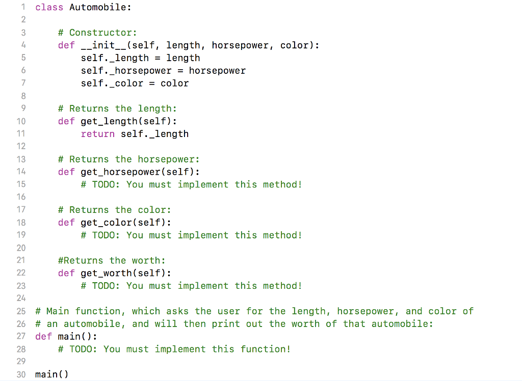 incomplete python class called Automobile. Complete the given class by implementing the