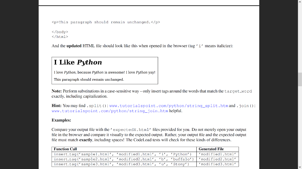 'modified1.html', " + "tag = 'i', target_word = 'Python'") insert_tag('sample1.html', 'modified1.html', 'i',