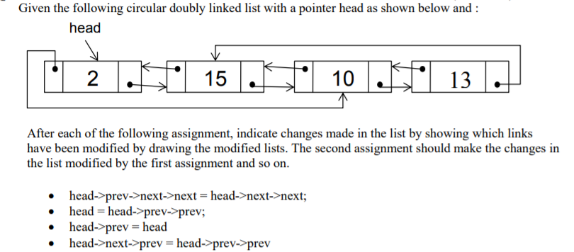  Given the following circular doubly linked list with a pointer head