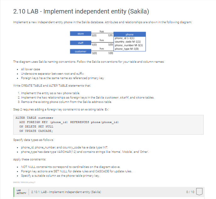 For database applications course 2.10 LAB - Implement independent entity (Sakila) Implement