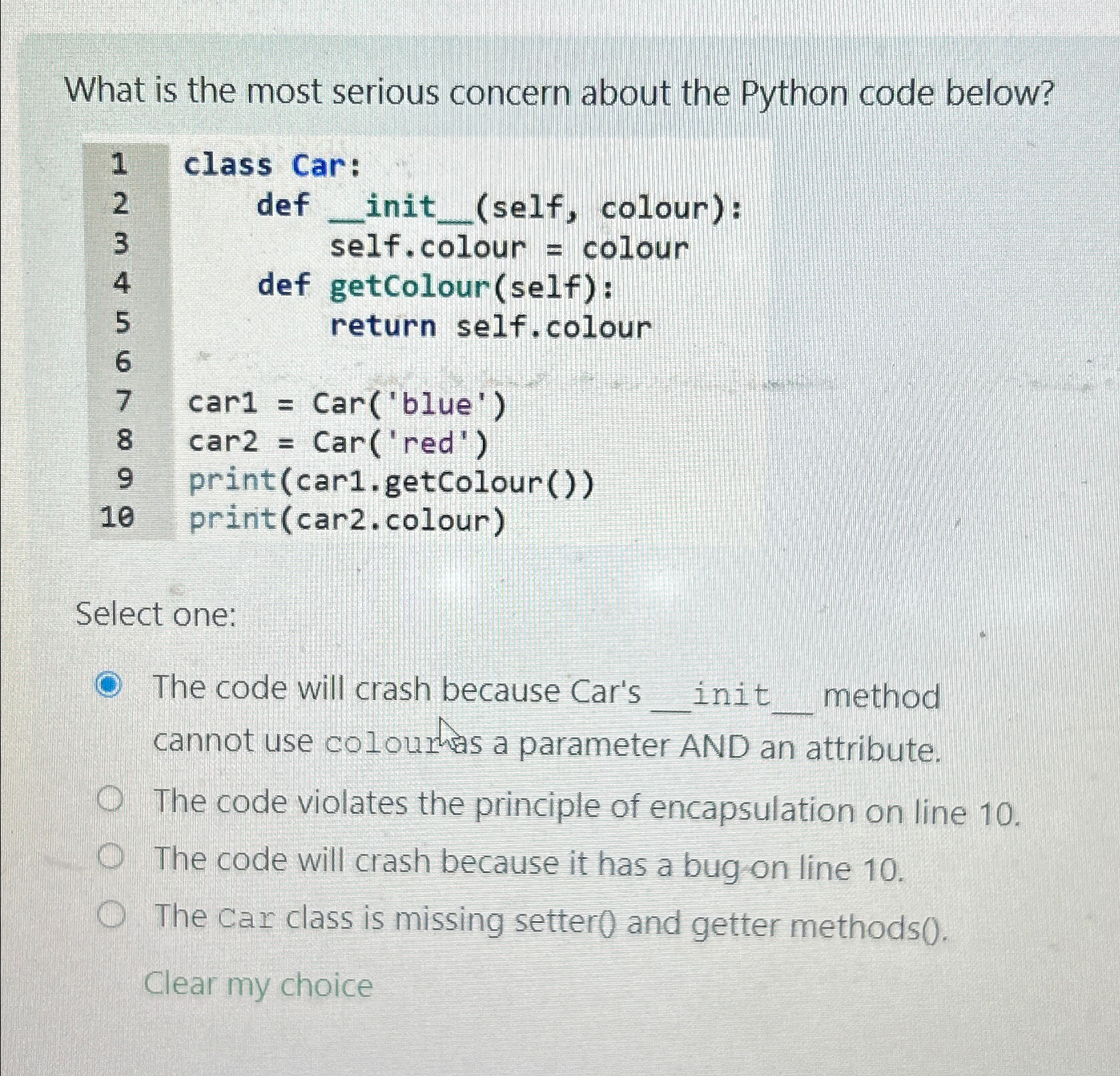  What is the most serious concern about the Python code below?