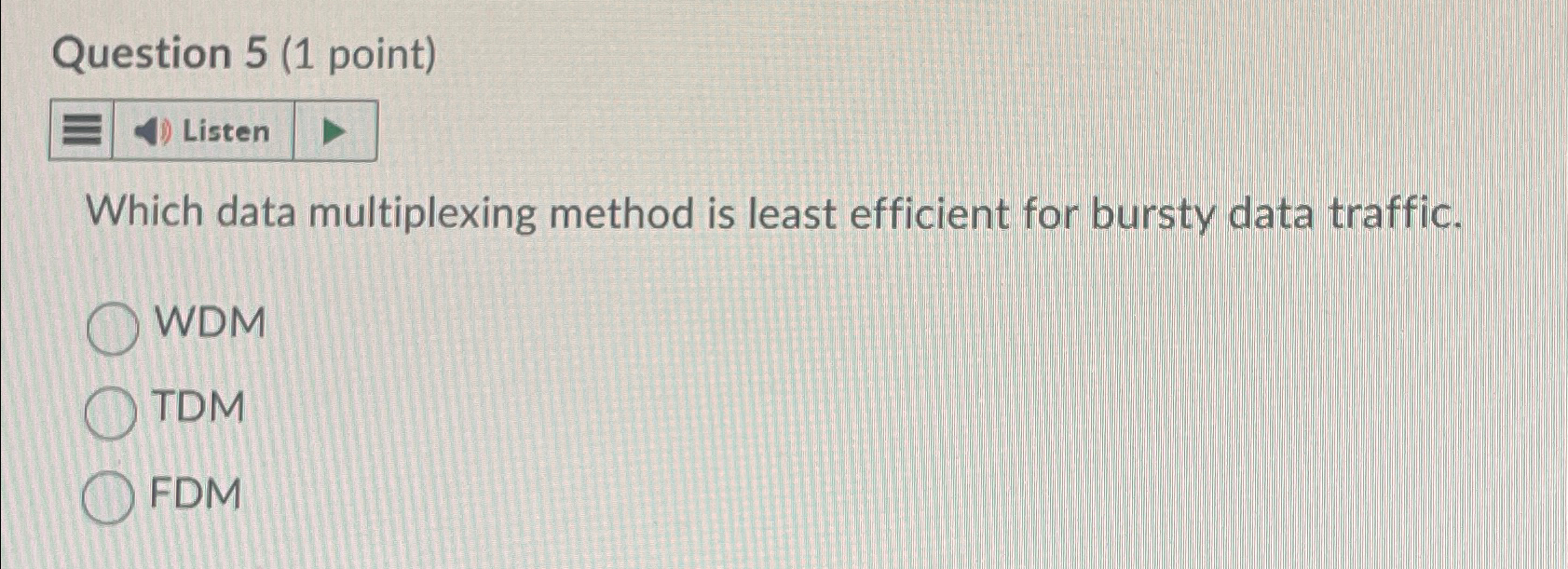  Question 5(1 point) Listen Which data multiplexing method is least efficient
