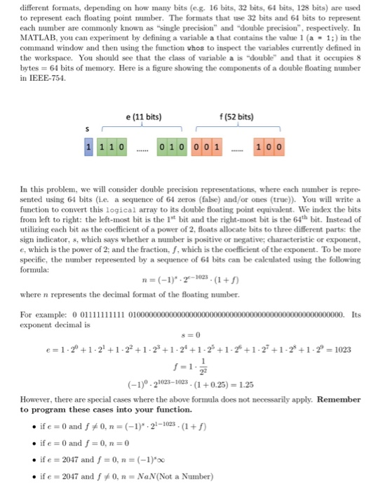 point numbers function result] = myDoubleFromBinary (binary) Input Type Description binary 1x64