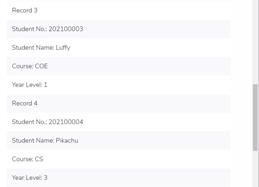 of students such as Student ID, Name, Course and Year Level. The