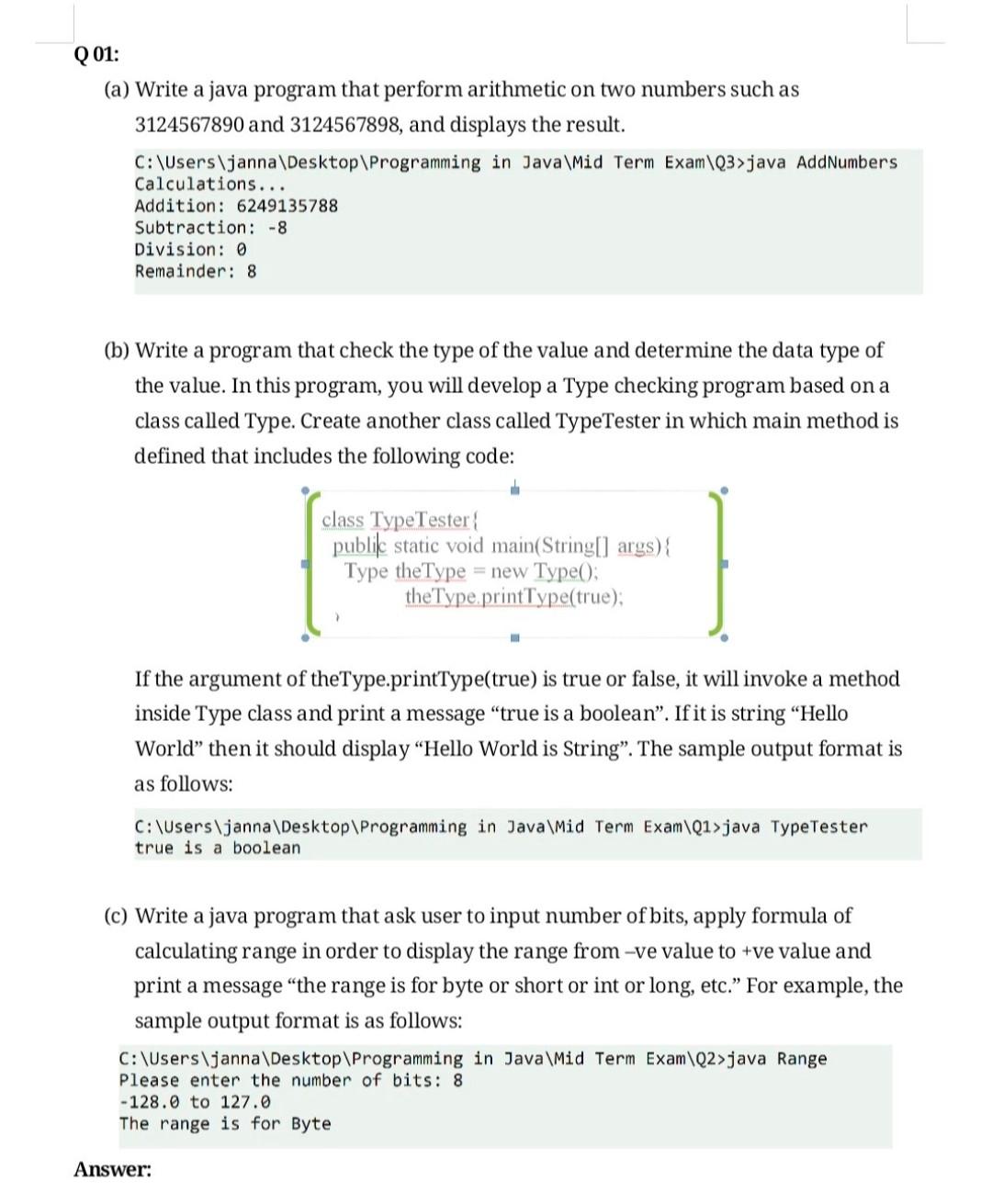  Q01: (a) Write a java program that perform arithmetic on two
