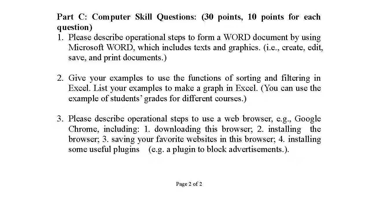  Part C: Computer Skill Questions: (30 points, 10 points for each